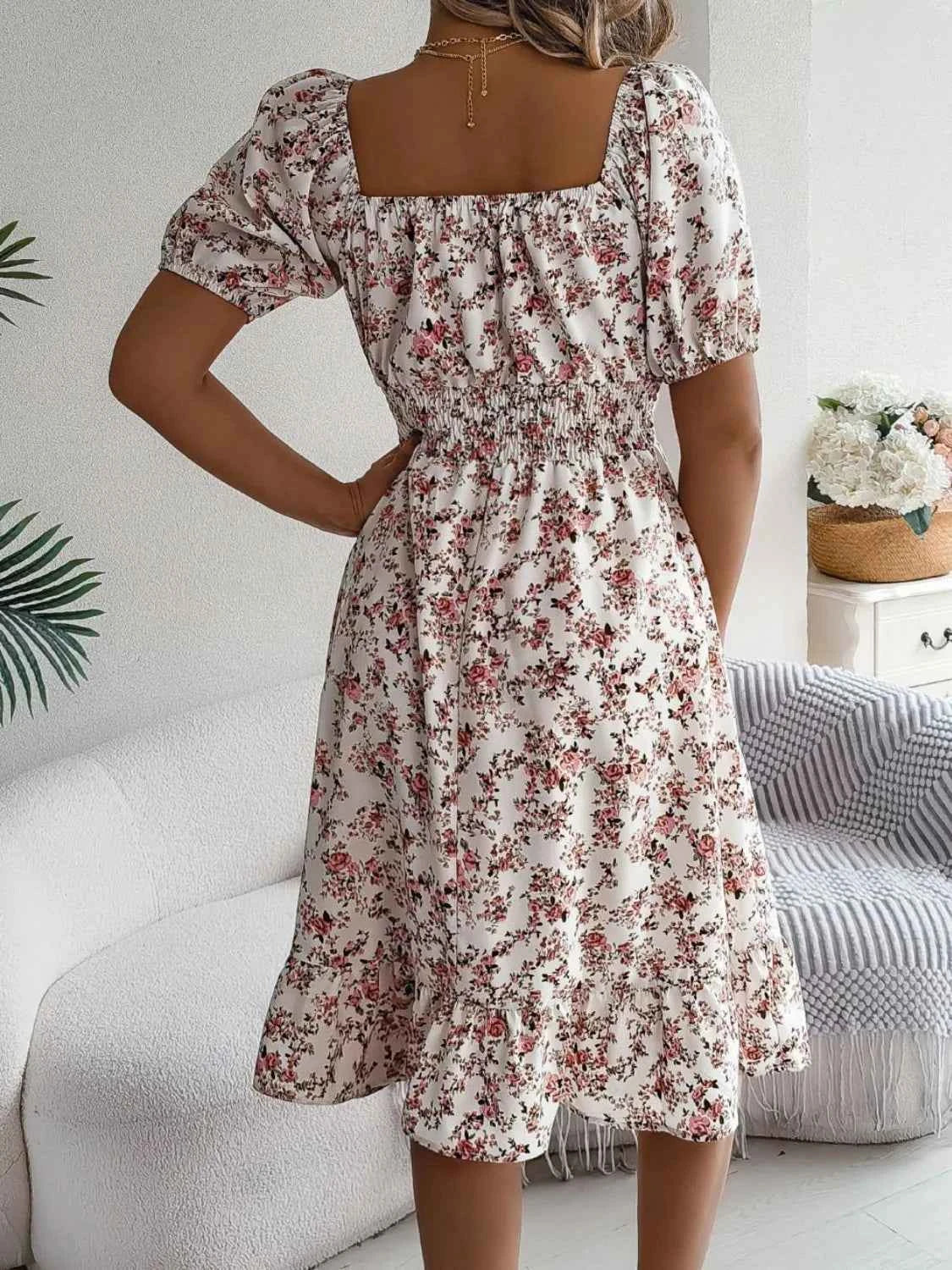 Ruffled Hem Floral Puff Sleeve Dress