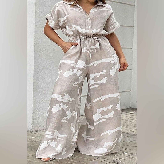 Gray and White Abstract Jumpsuit with Flowing Wide-Leg Fit