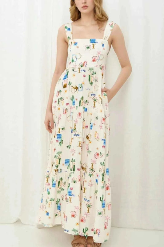 Printed Square Neck Wide Strap Maxi Dress