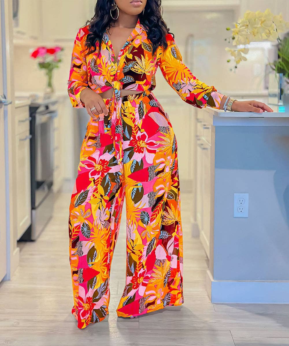 Vibrant Printed Two-Piece Lapel Lace-Up Shirt Wide-Leg Pant Suit