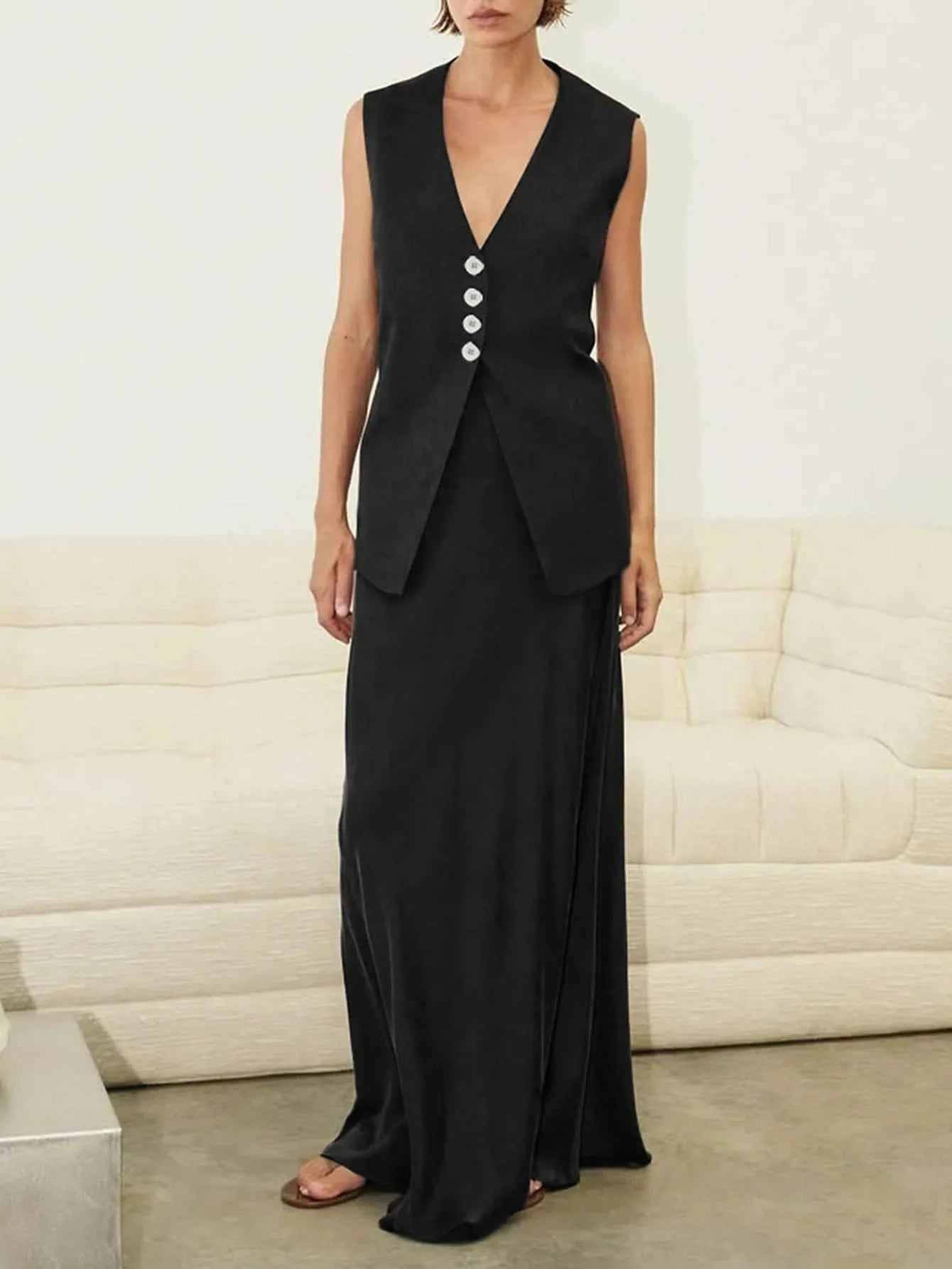 V-Neck Button Detail Vest and Skirt Two-Piece Set