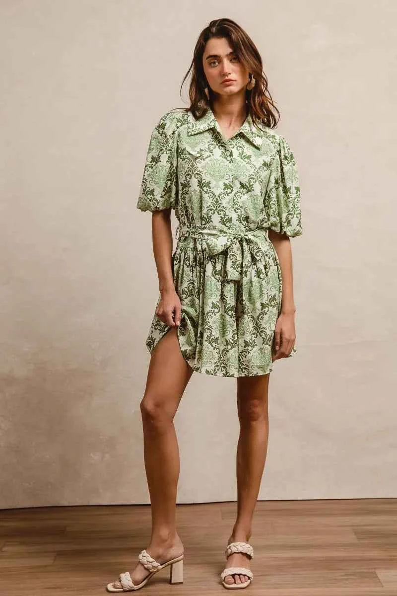BiBi Tied Floral Short Sleeve Mini Shirt Dress