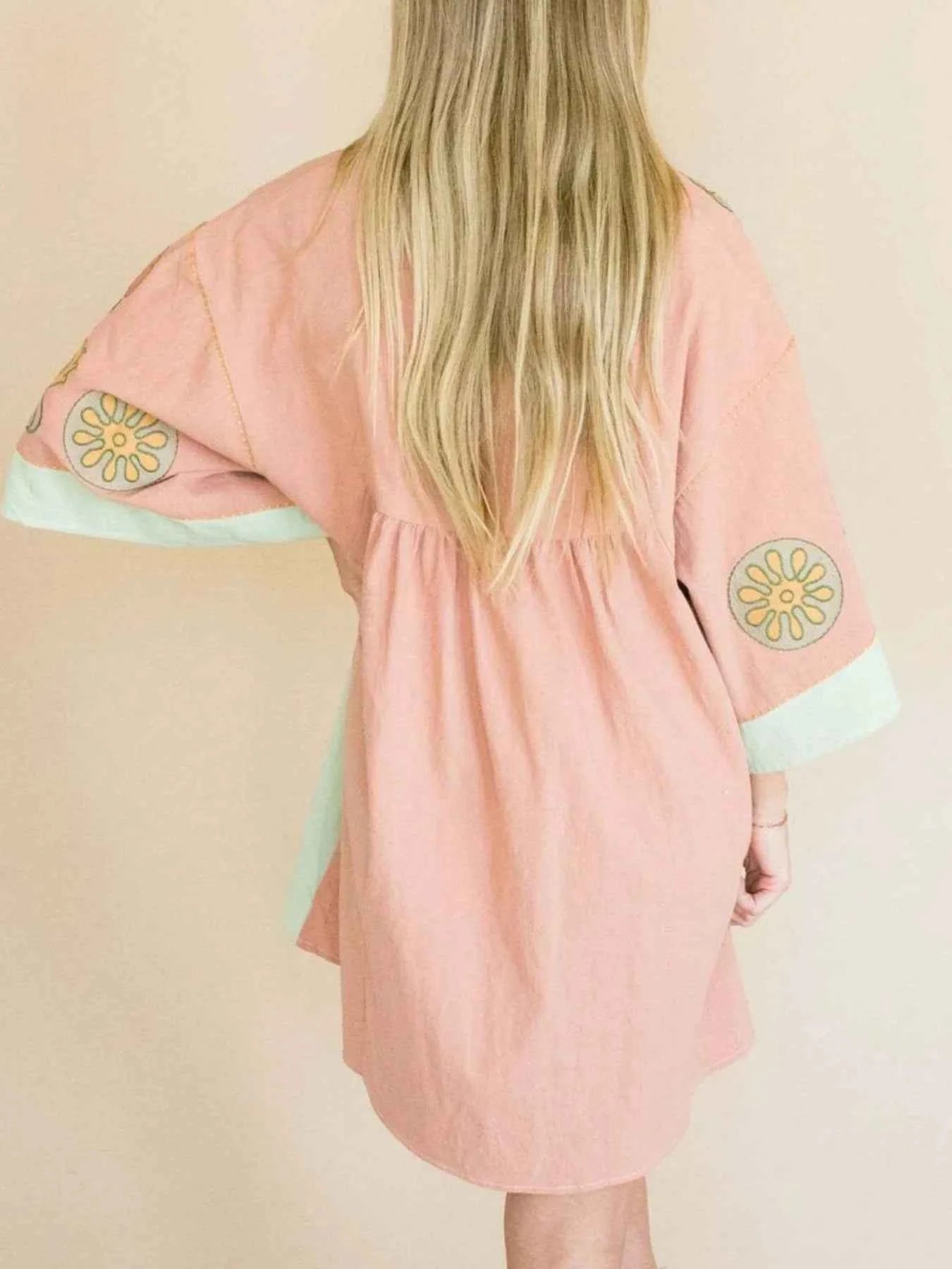 Printed V-Neck Kimono Sleeve Mini Dress