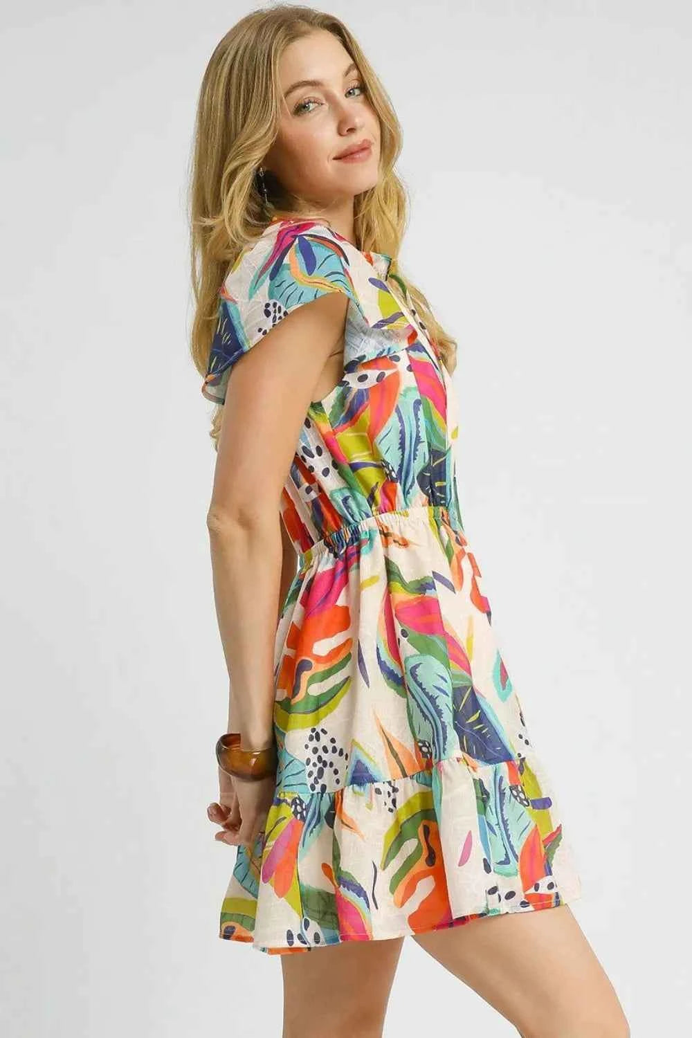 Umgee Printed Tie Neck Ruffled Hem Dress