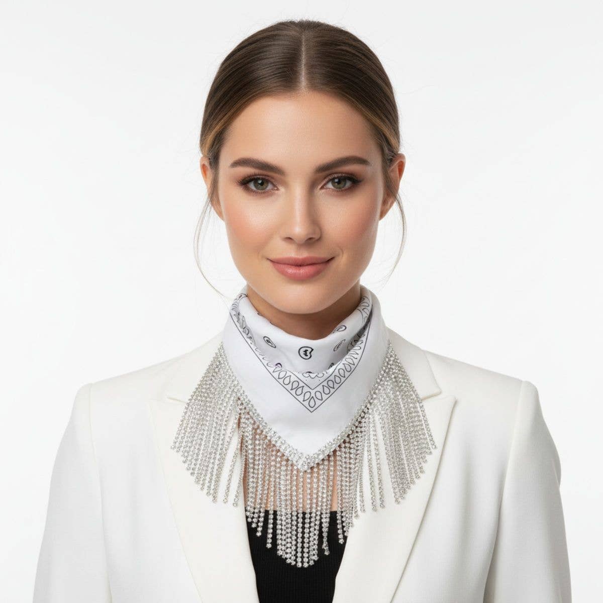 White Bandana Bling Fringe Scarf Necklace