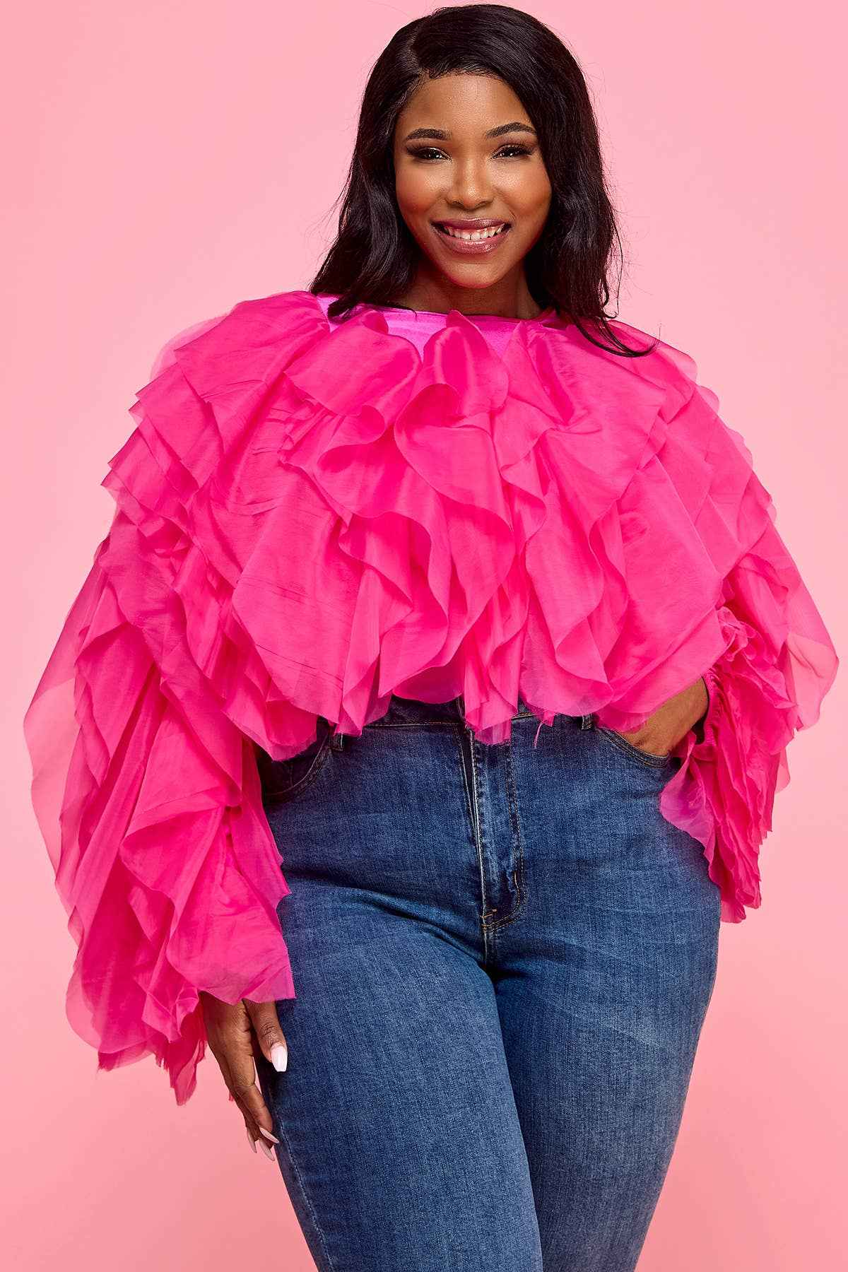 Plus Size Ruffle Tulle Crop Top - Long Sleeve Sheer Blouse
