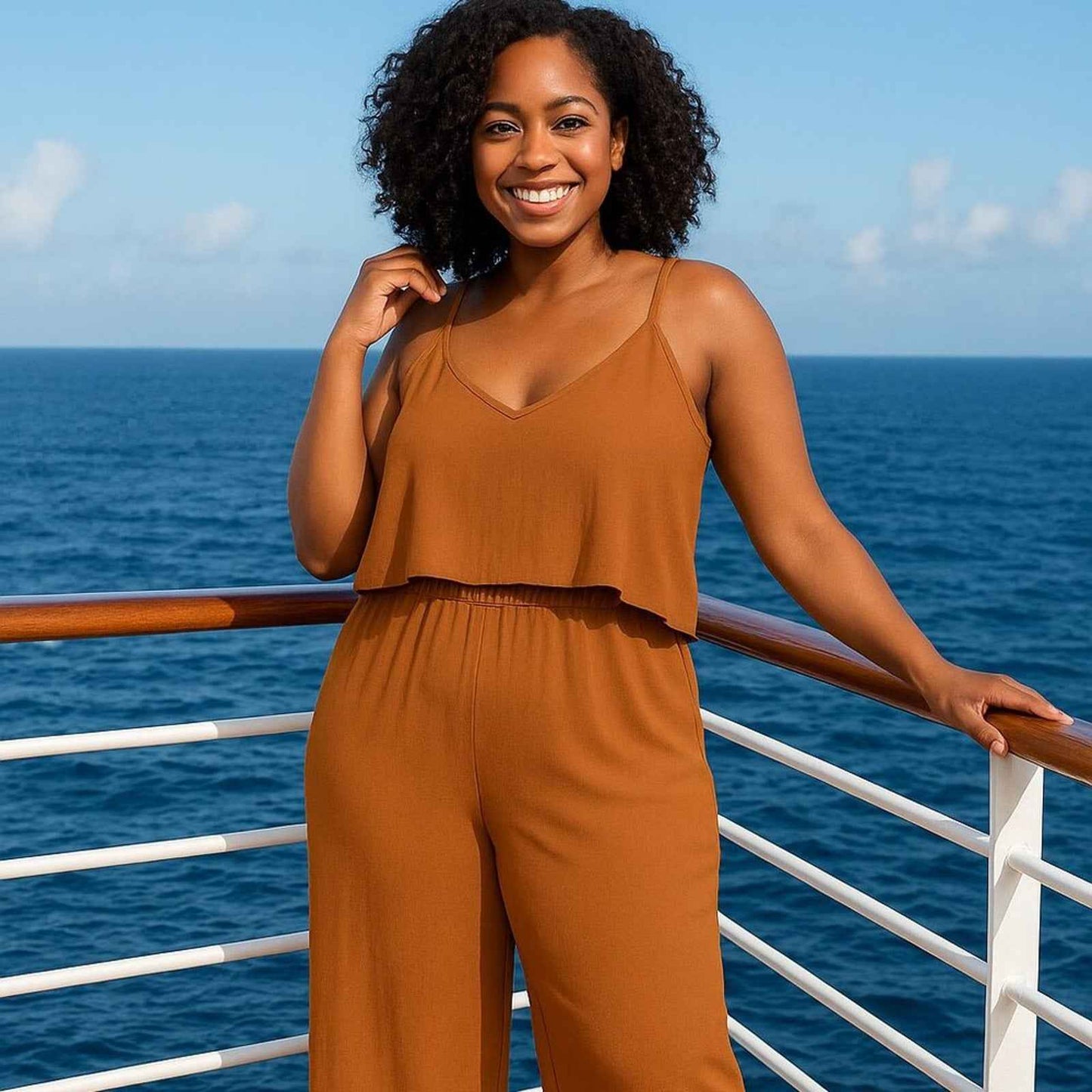 Plus Size Deep Camel Ribbed Wide-Leg Jumpsuit – Sleeveless & Relaxed Fit