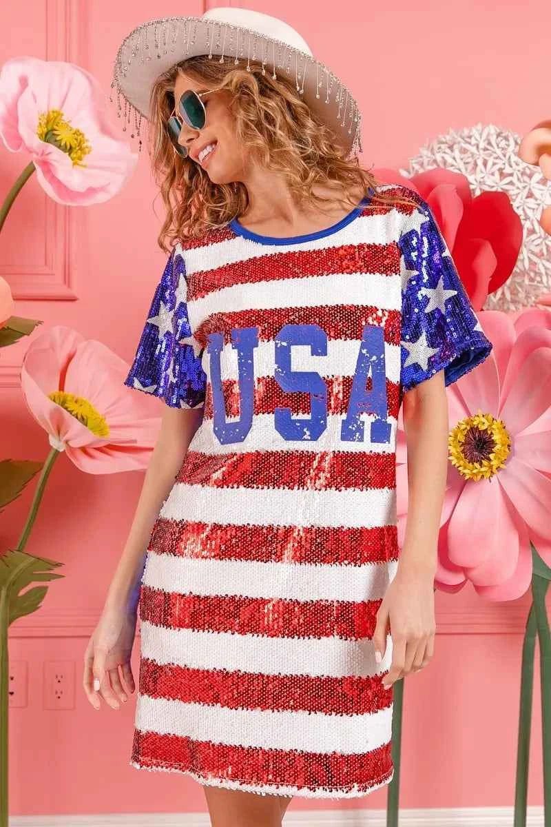 BiBi American Flag Theme Usa Print Sequin Dress