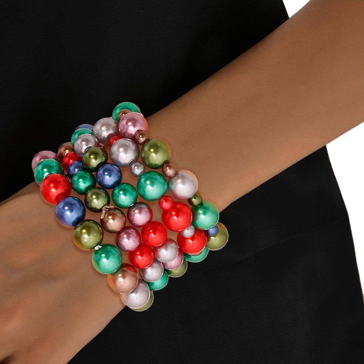 Dark Multi-Color Pearl Bracelet Set – 5-Piece Stretch Bracelets