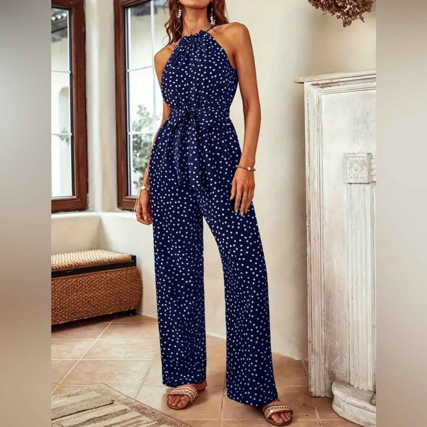 Elegant Geometric Halter Neck Culottes Wide Leg Jumpsuit, Versatile Sleeveless