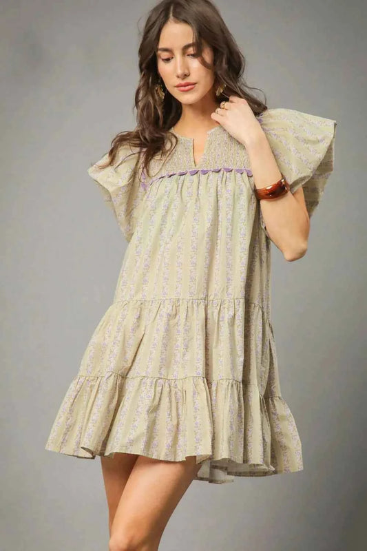 Umgee Floral Ruffled Cap Sleeve Tiered Mini Dress