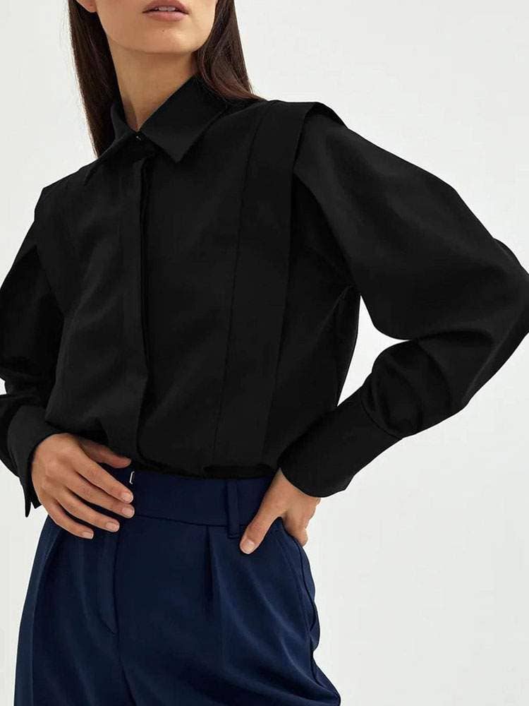 Polyester turndown collar casual long sleeves tops