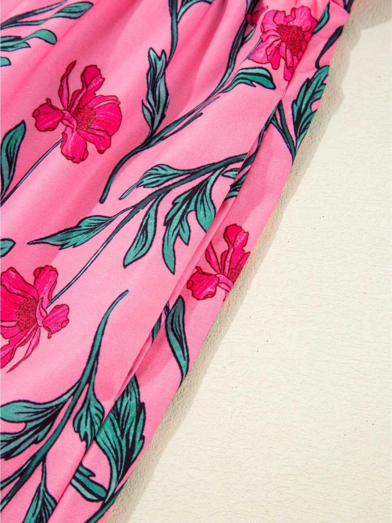 Floral Contrast Neckline A-line Puff Sleeve Dress