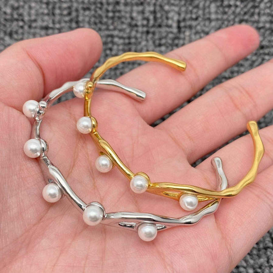 Inlaid Pearl 18K Gold Plated Irregular Adjustable Cuff - FGS