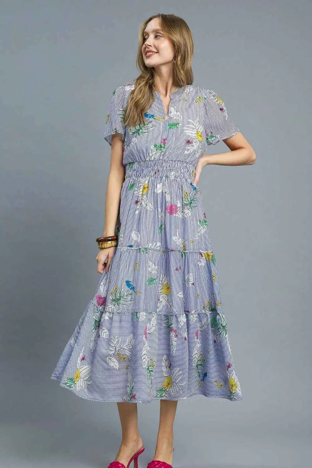 Umgee Smocked Waist Floral Short Sleeve Midi Dress