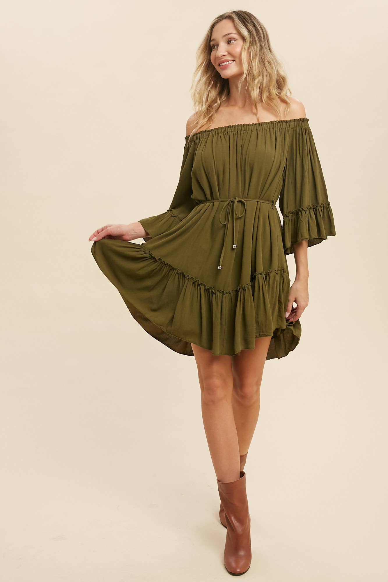 RUFFLED SOLID BOHO DRESS