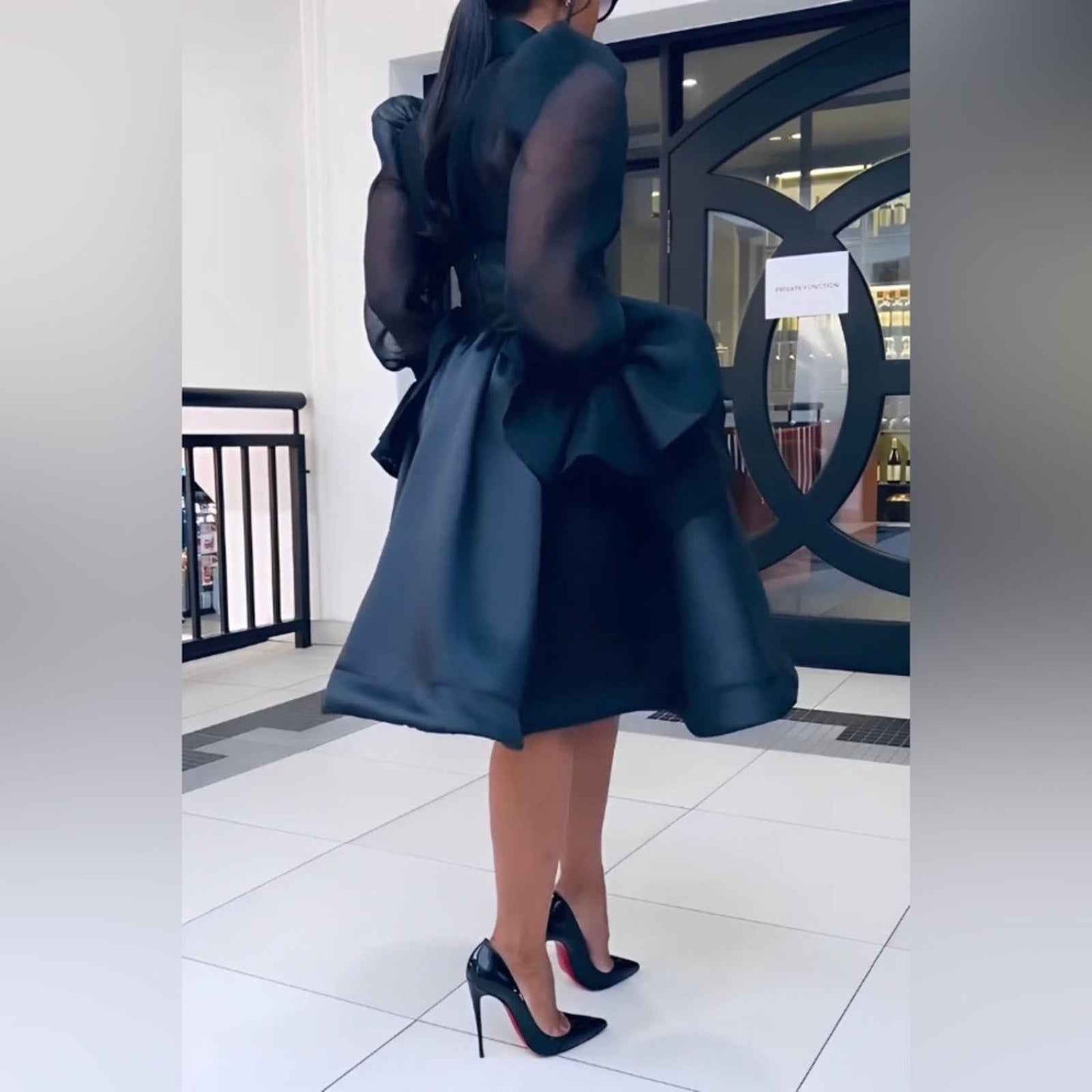 Stylish Black Mesh with Sheer Bell Sleeves Blouse Skirt Set