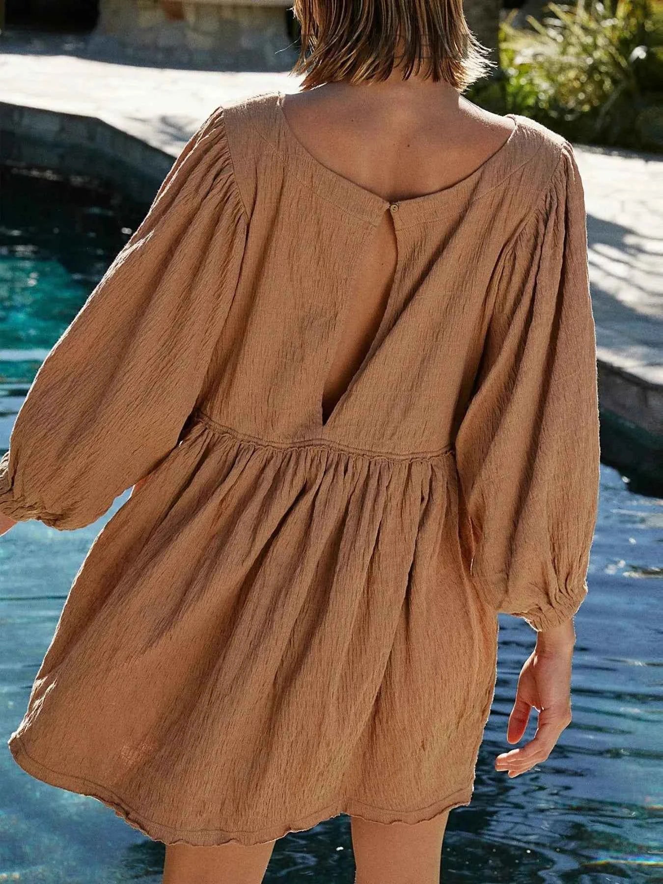 Relaxed Textured Babydoll Mini Dress with Back Keyhole Detail