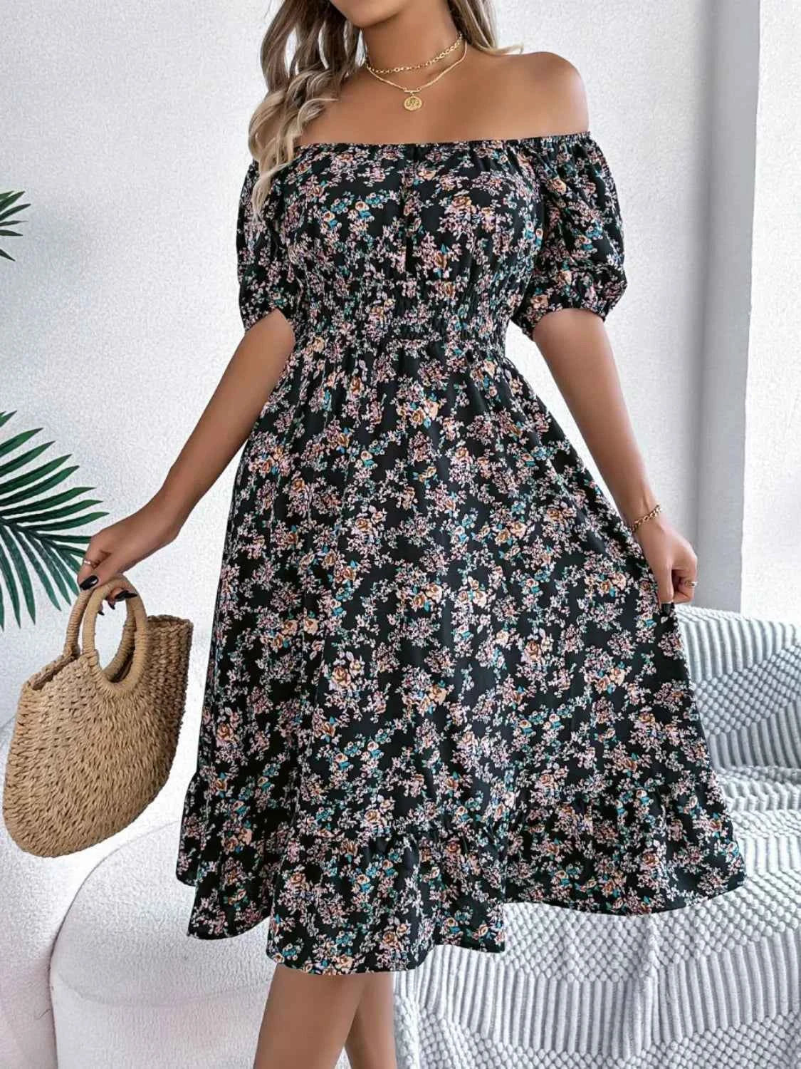 Ruffled Hem Floral Puff Sleeve Dress