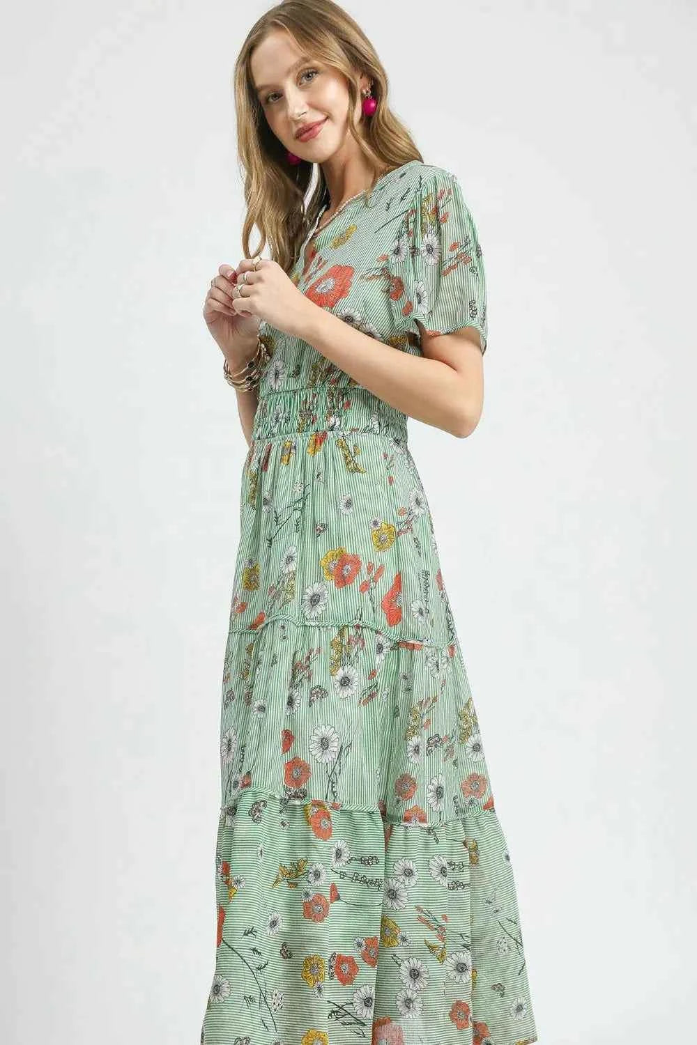 Umgee Smocked Waist Floral Short Sleeve Midi Dress