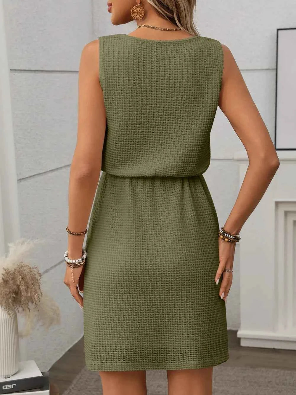 Waffle-Knit Drawstring Mini Tank Dress