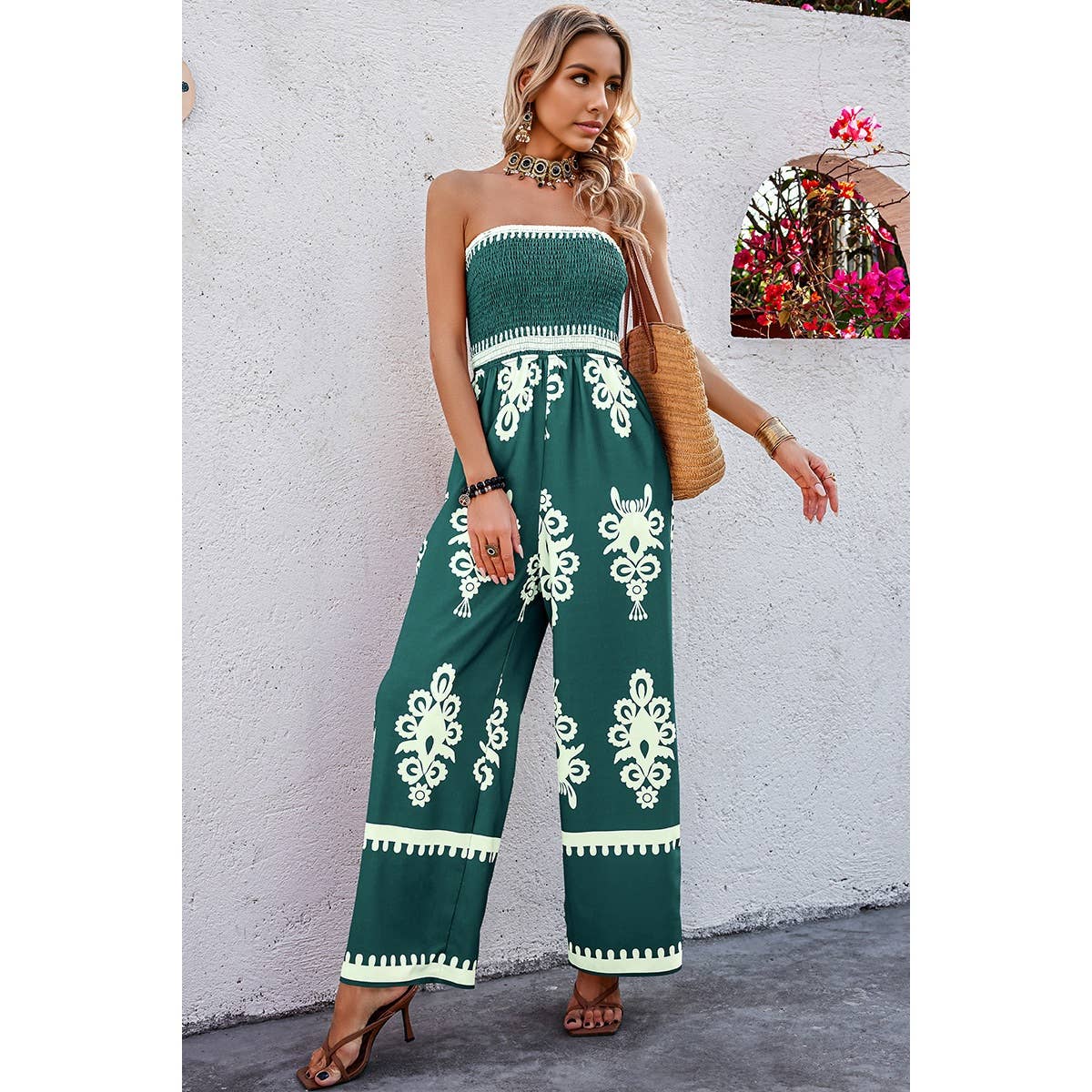 Off Shoulder Ruched Printed High Waist Jumpsuit