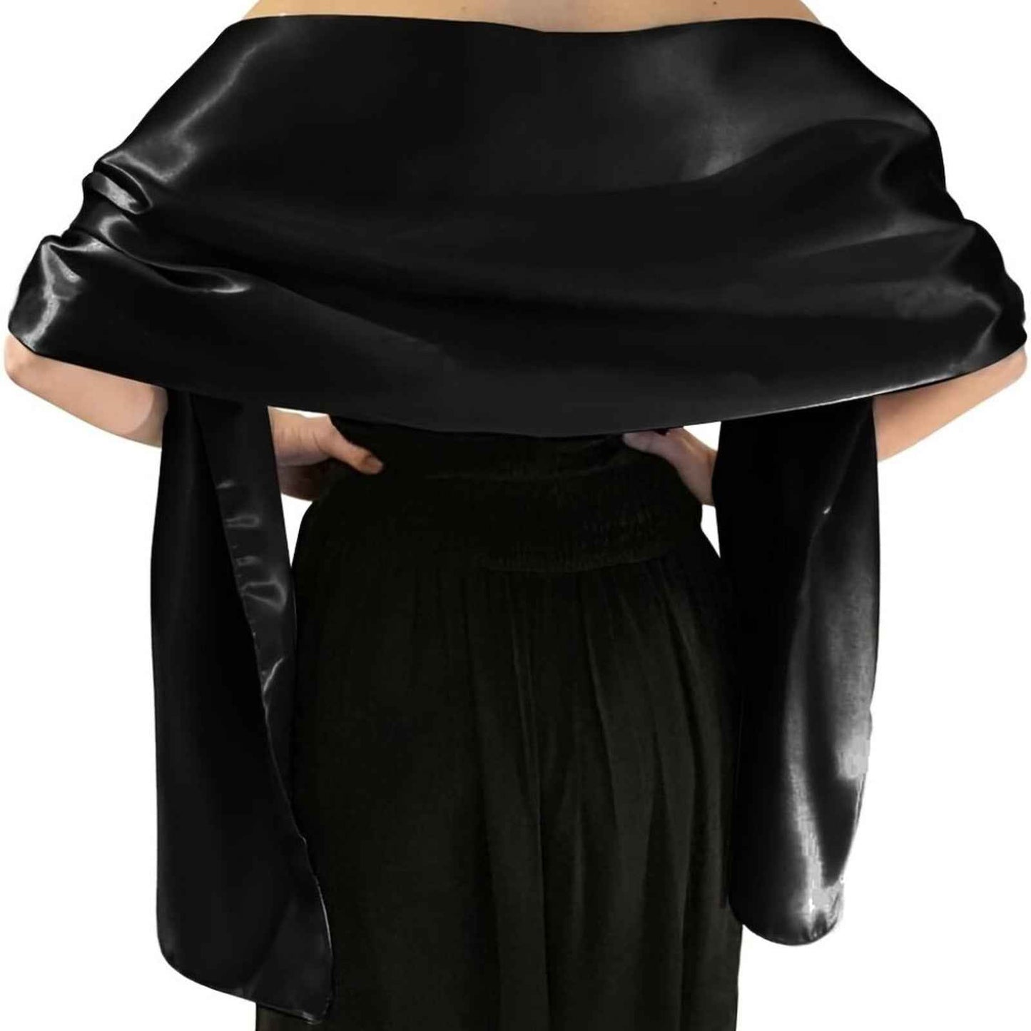 Black Satin Evening Shawl Wrap – Extra-Long 25.6 × 86.6 in Bridal Pashmina