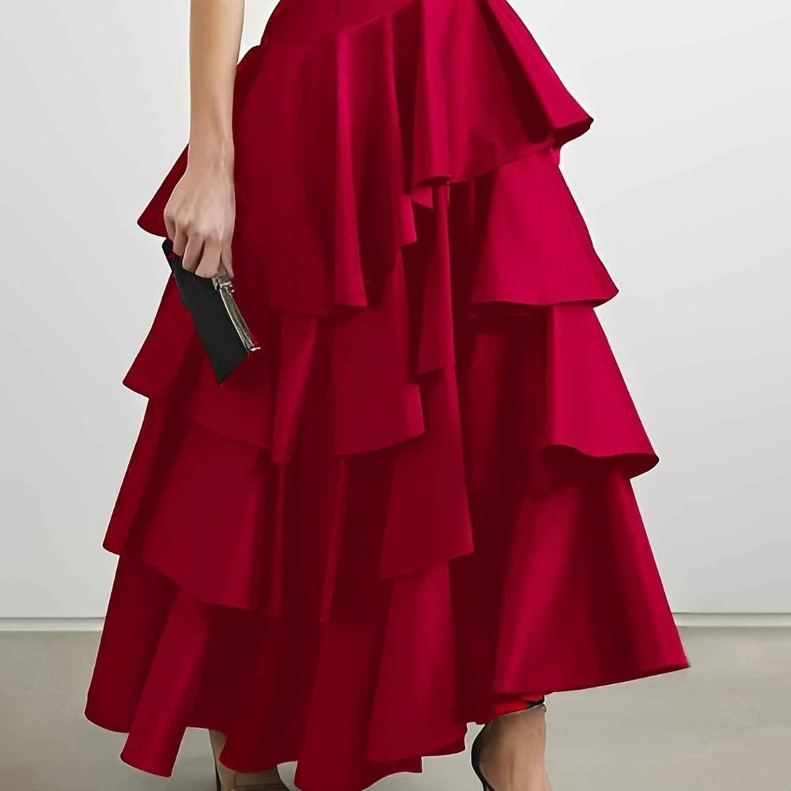 Elegant Ruffle Hem Tiered Skirt - High Waist Perfect for Womens Curvy Figure