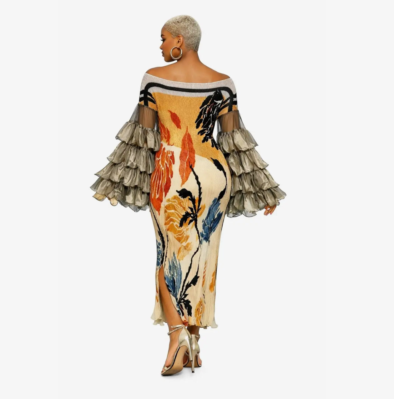 Golden Bloom Ruffle Sleeve Midi Dress