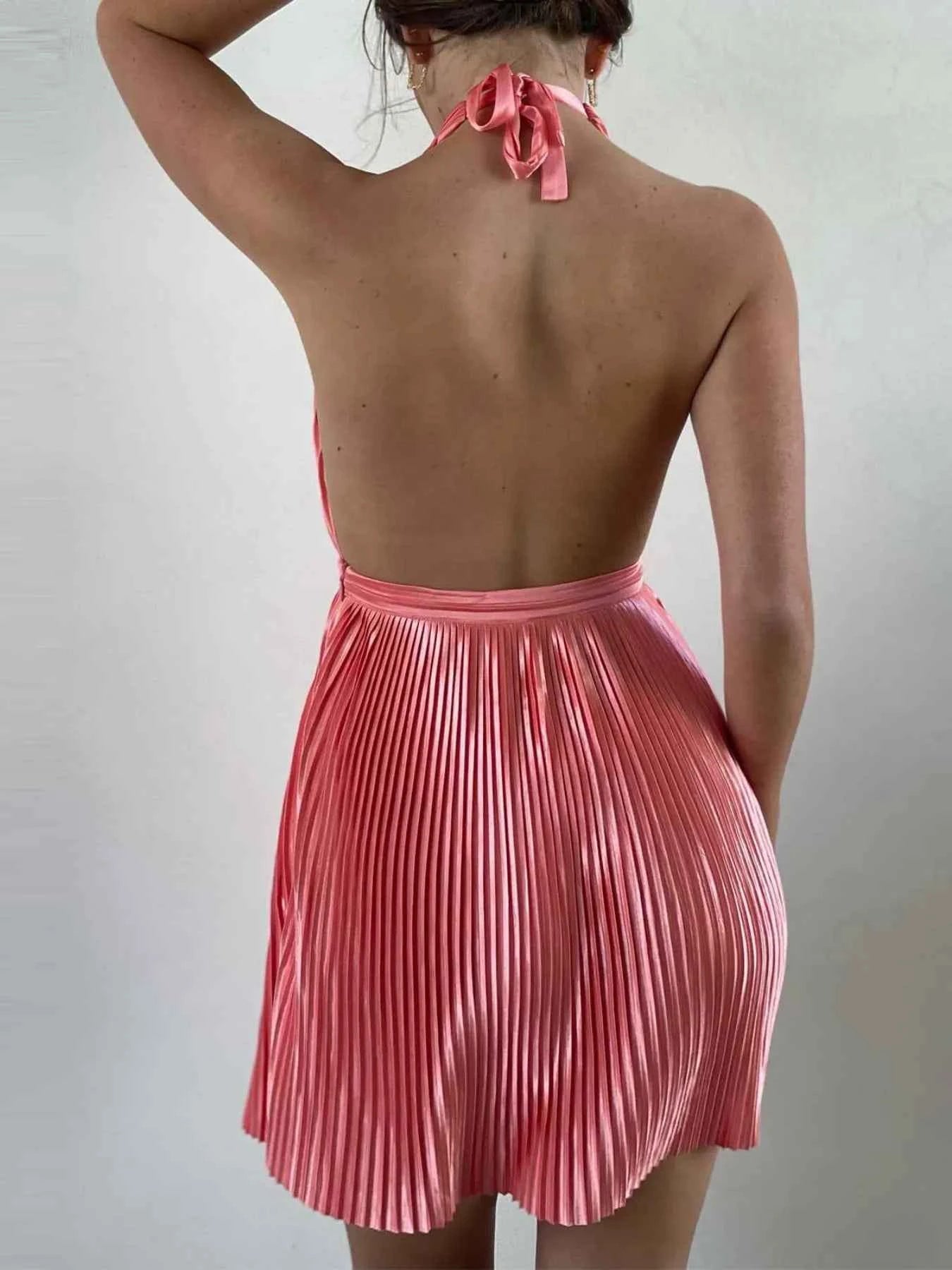 Pleated Halter Neck Mini Dress