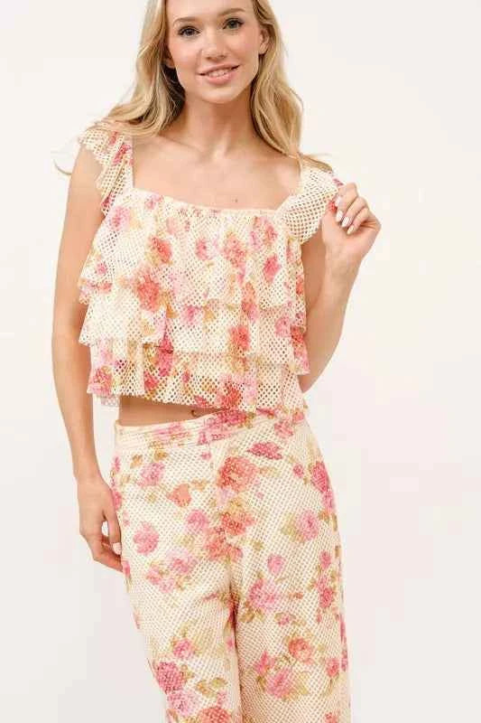 And The Why Tiered Ruffled Floral Fishnet Top