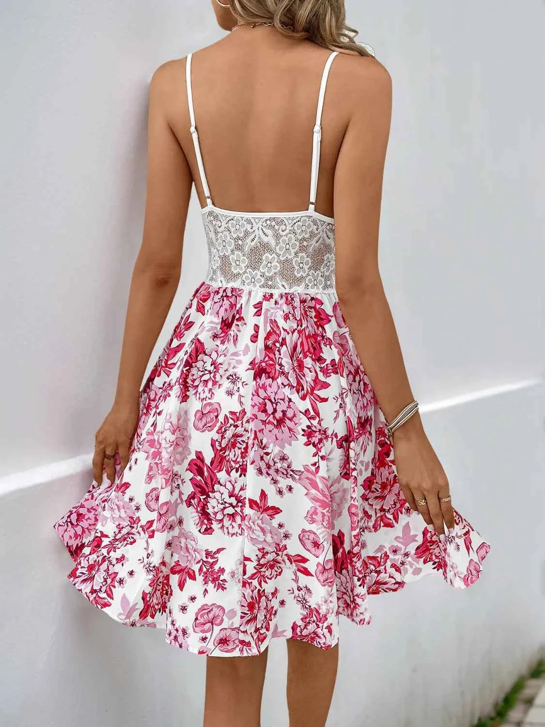 Lace Cutout Floral Print Cami Dress