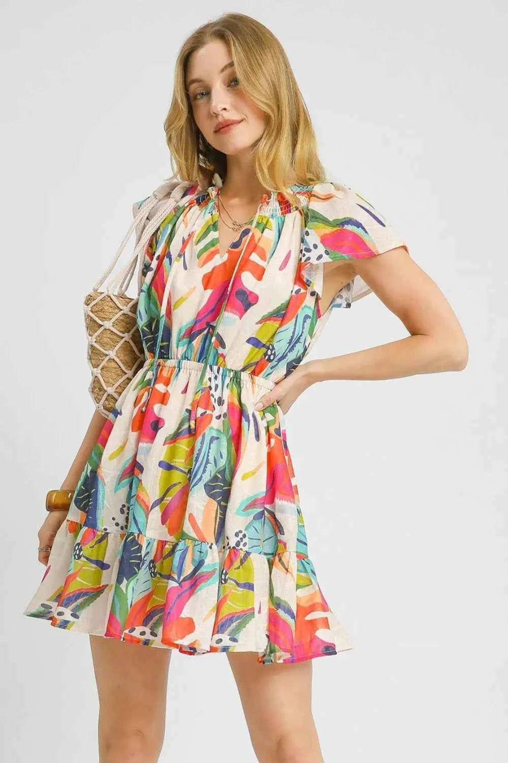 Umgee Printed Tie Neck Ruffled Hem Dress