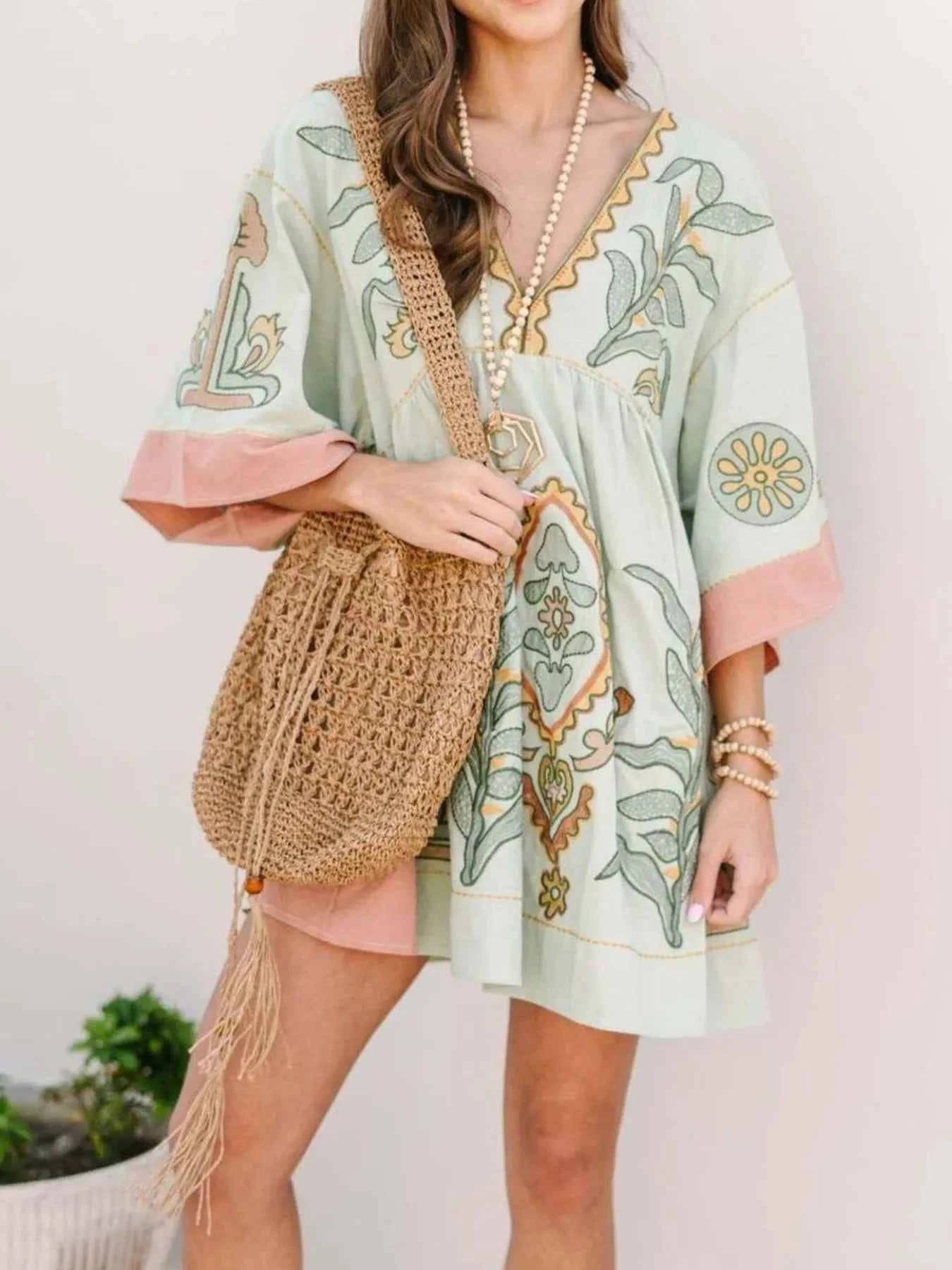 Printed V-Neck Kimono Sleeve Mini Dress