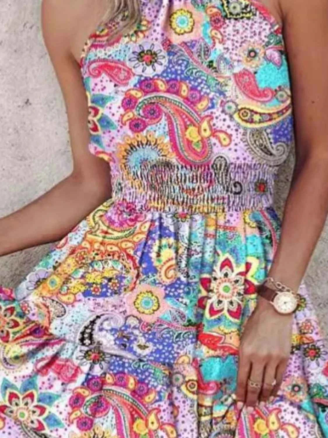 Smocked Printed Halter Neck Mini Dress