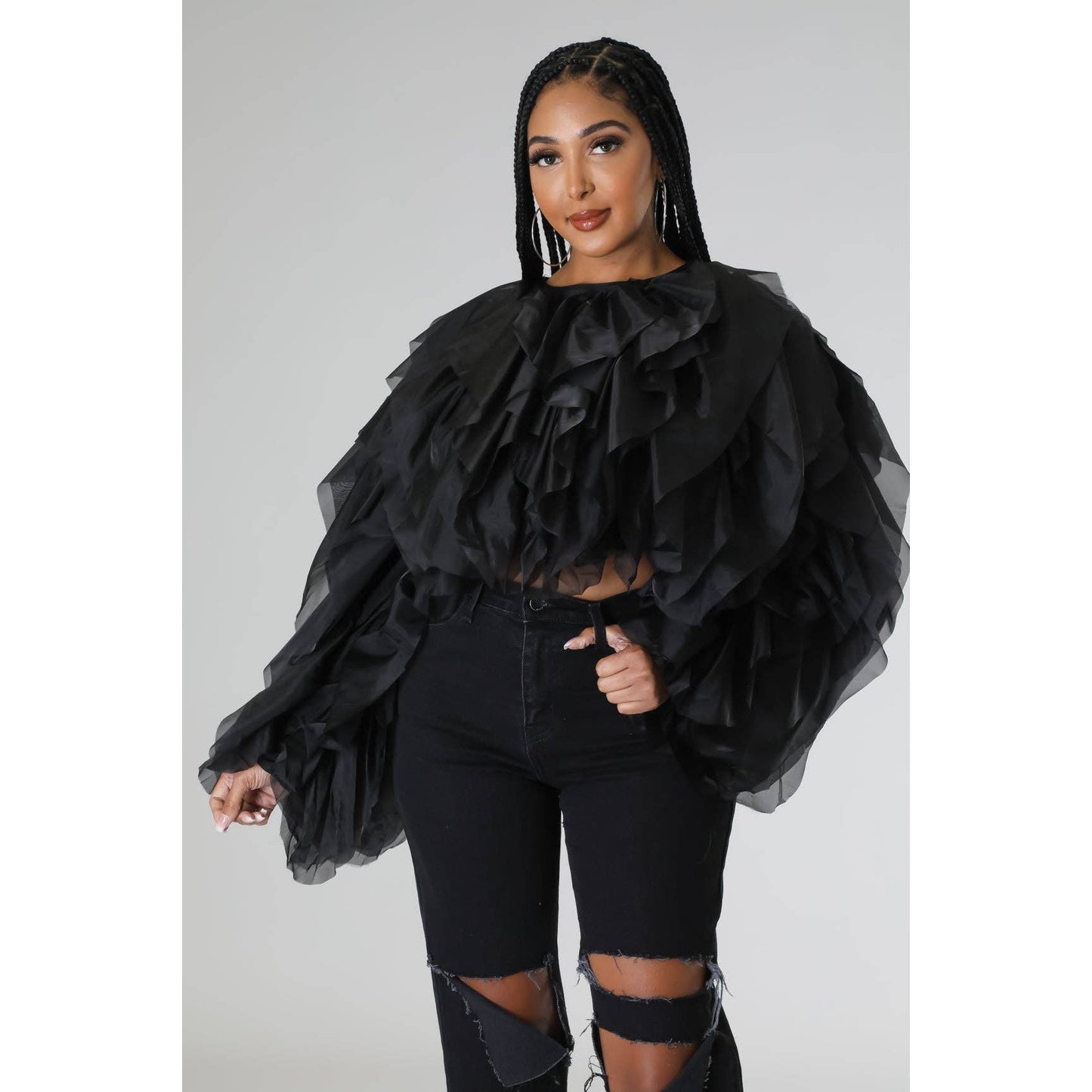 Plus Long Sleeve Ruffle Tulle Crop Top Blouse