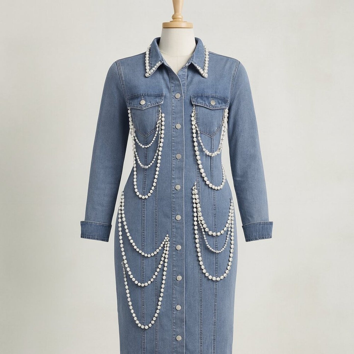 Denim Pearl Chain Midi Shirt Dress – Luxury Pearl Embellished Button-Down