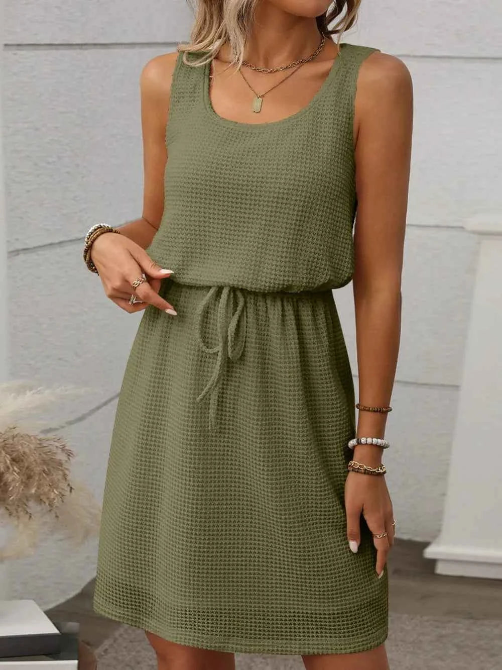 Waffle-Knit Drawstring Mini Tank Dress