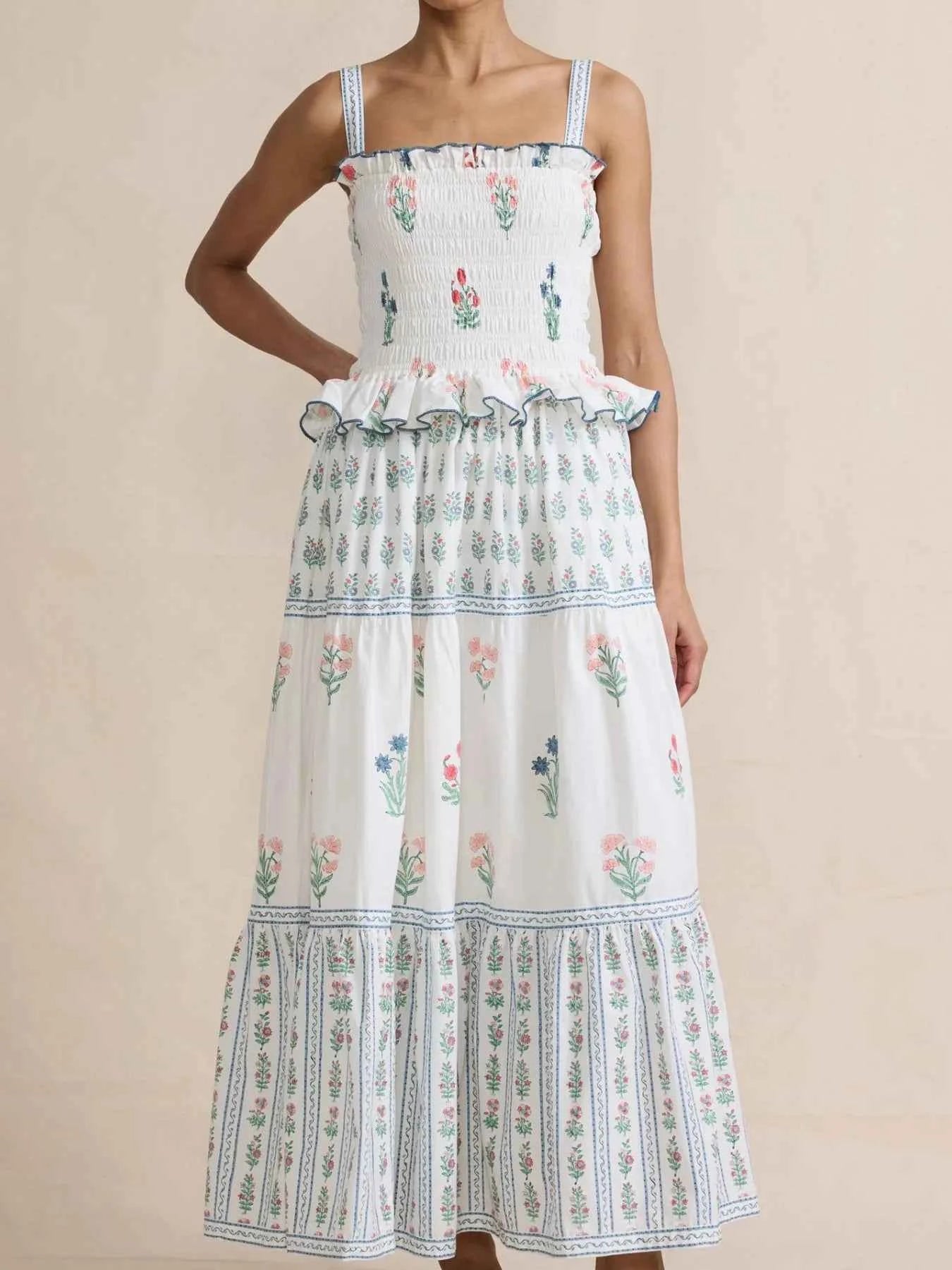 Smocked Ruffled Square Neck Maxi Dress