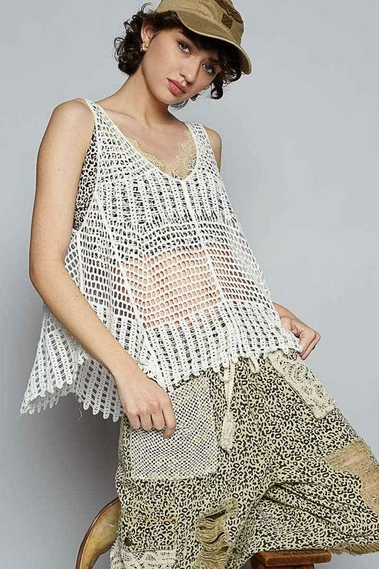 V-neck sleeveless woven crochet top