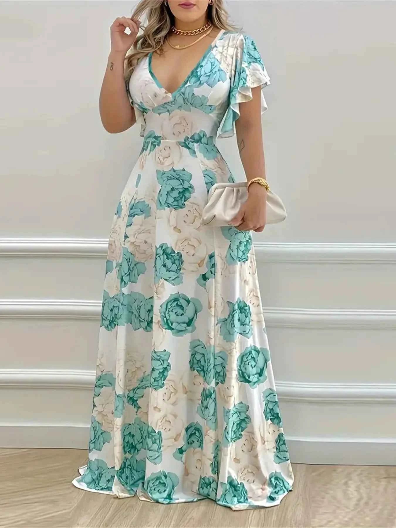 Plus Size Floral Print V-Neck Maxi Dress with Flutter Sleeves