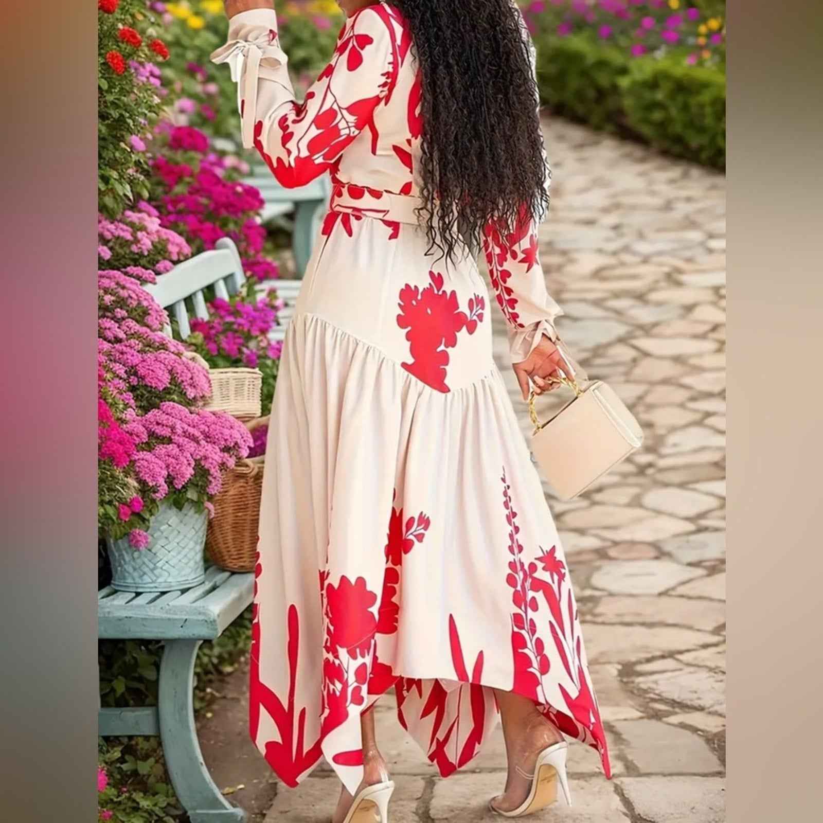 Elegant Red Floral High-Low Midi Dress β Long Sleeve, Button-Up, Garden Party