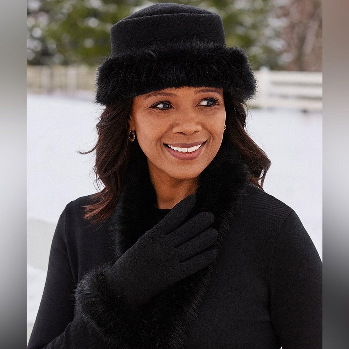 Elegant Churchwear Fleece Hat & Glove Set with Faux Fur Trim – Sunday Chic