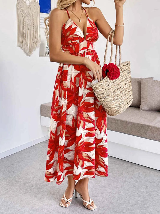 Crisscross Back Printed Midi Dress with Cutout Detail