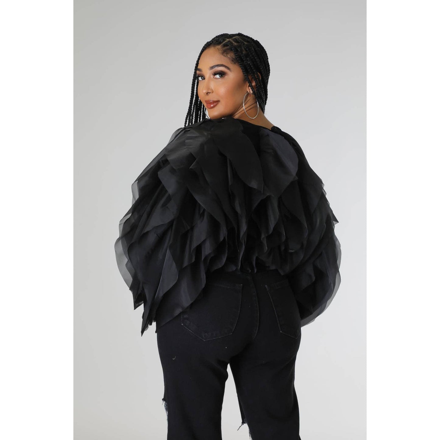 Plus Long Sleeve Ruffle Tulle Crop Top Blouse