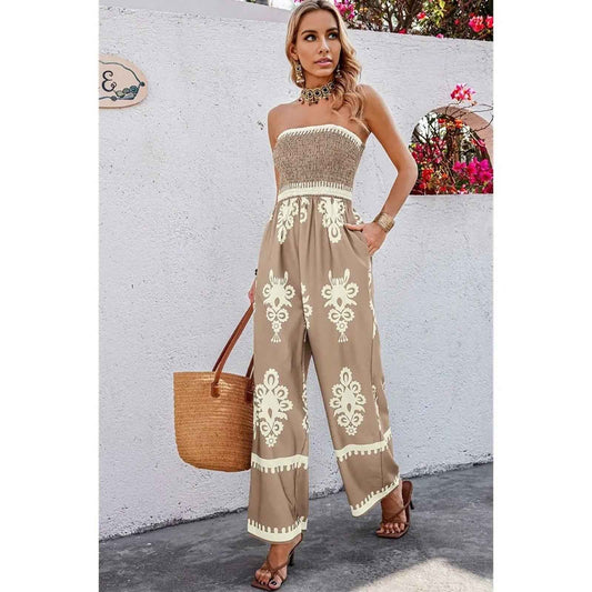 Boho Off Shoulder Ruched Printed High Waist Wide Leg Jumpsuit