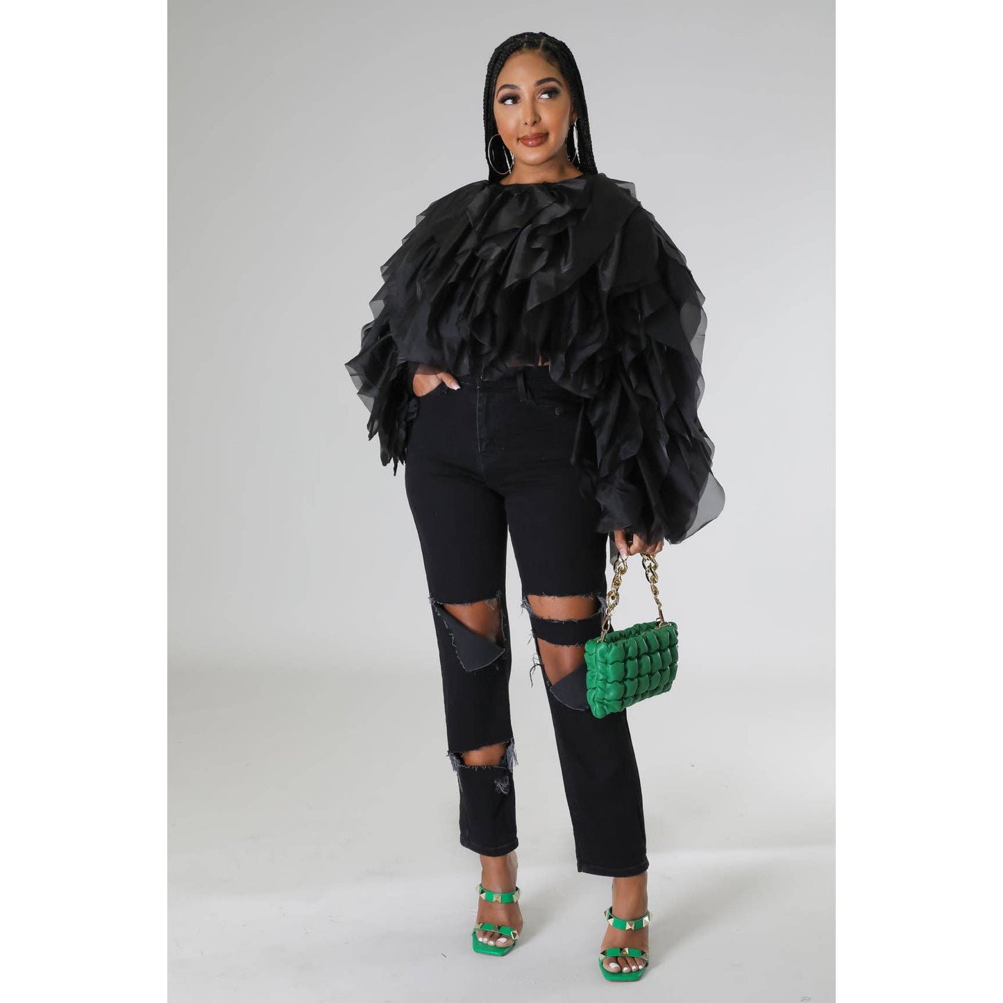 Plus Long Sleeve Ruffle Tulle Crop Top Blouse