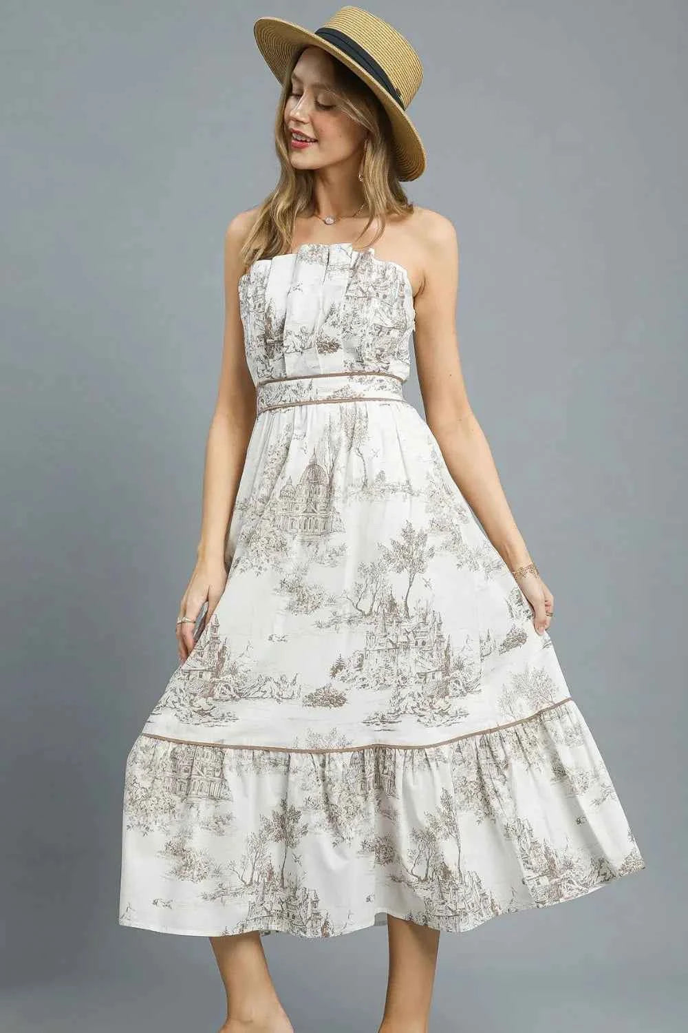 Umgee Printed Tiered Tube Midi Dress