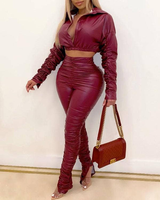 Ruched PU Leather 2-Piece Set – Crop Top & High Waist Pants – Wine Red