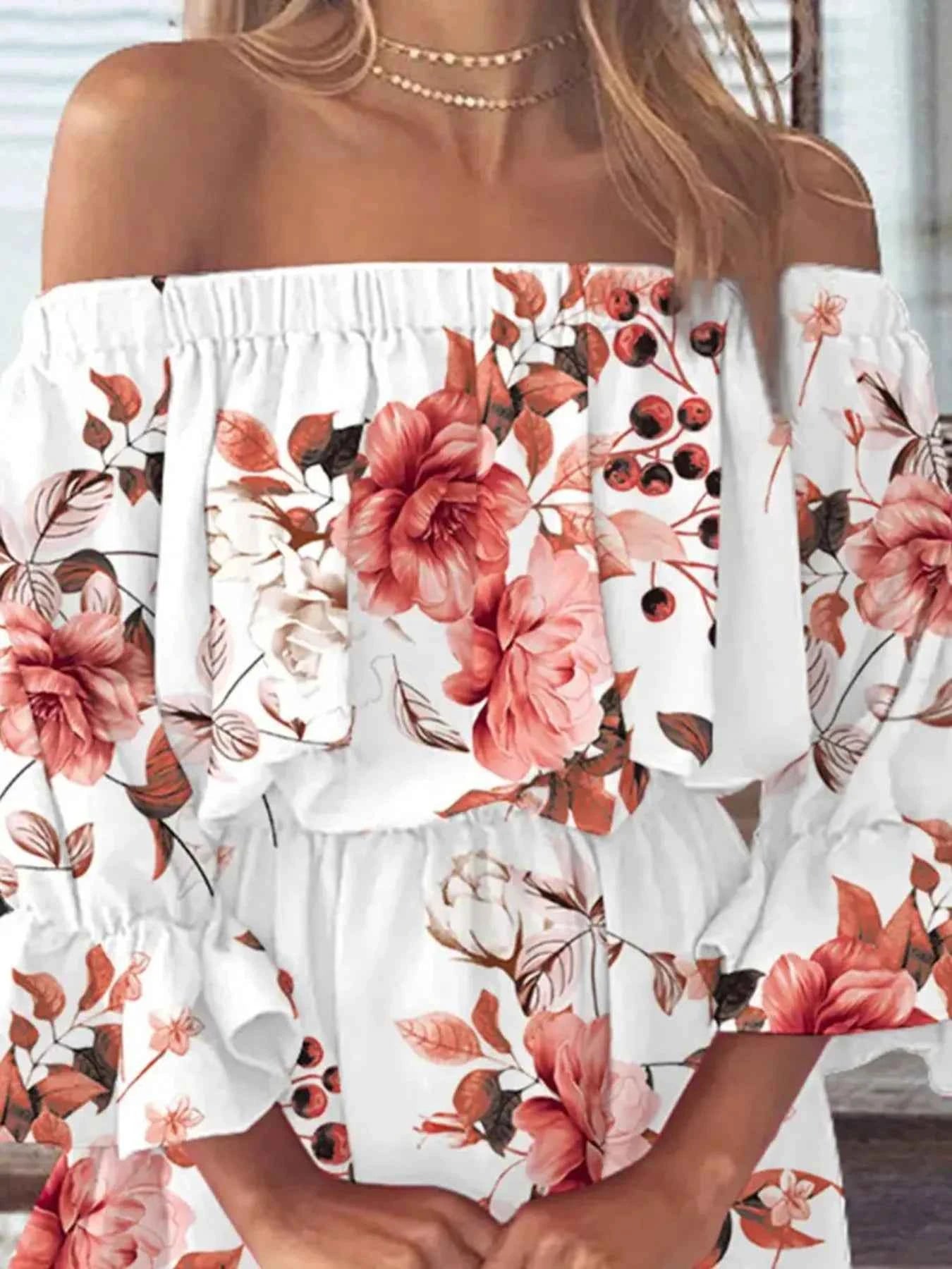 Full Size Floral Off-Shoulder Flounce Sleeve Mini Dress Plus Size